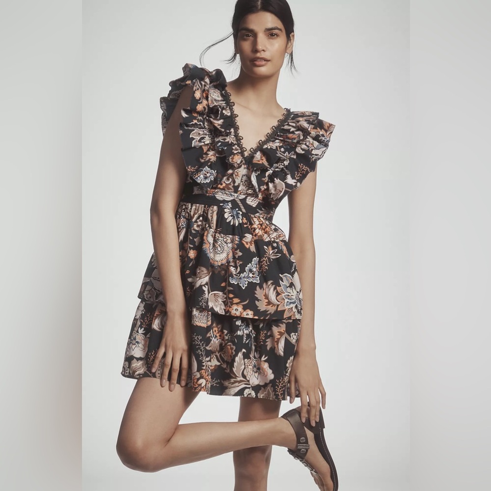Anthropologie Navy Floral Ruffle Dress NWT